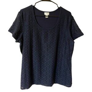 Jaclyn Smith Womens Navy Blue Short Sleeve Lace Design Blouse In Size XLarge